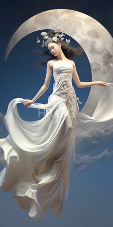 High Resolution: Ethereal woman pale skin long dark hair wearing a flowing white dress that billows in mid-air against a deep blue sky download. | HRJPG.com