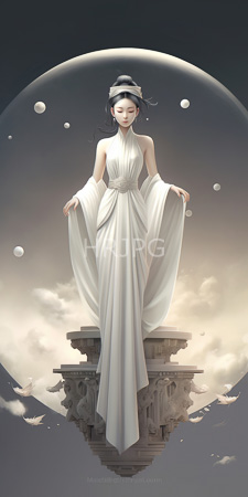 High Resolution: Ethereal Asian woman pale skin black hair in elegant updo wearing a flowing white halter dress standing on ancient stone pedestal download. | HRJPG.com