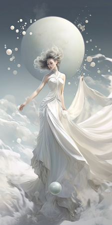 High Resolution: Ethereal fair-skinned woman flowing silver hair wearing a white sleeveless gown that billows in cloudscape surroundings floating near large bubbles download. | HRJPG.com
