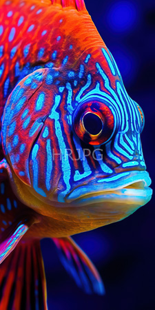High Resolution: Exotic vibrantly colored fish with striking patterns on its orange and blue skin turquoise lines resembling tribal tattoos cover most of its face download. | HRJPG.com