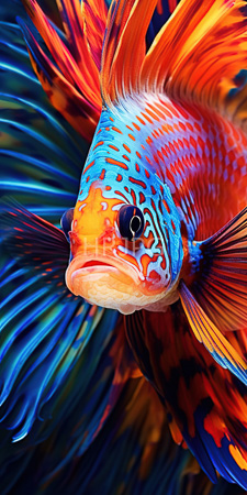 High Resolution: Ornate vibrant clownfish with striking orange and blue scales adorned in intricate patterns black eyes gaze forward amidst flowing fins download. | HRJPG.com