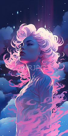 High Resolution: Ethereal woman with flowing pink and purple hair against a starry night sky filled with clouds pale skin closed eyes in profile view download. | HRJPG.com