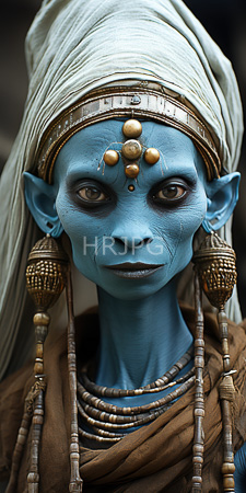 High Resolution: Elven woman with blue skin wearing intricate golden headgear and jewelry including large bead earrings white turban is draped download. | HRJPG.com