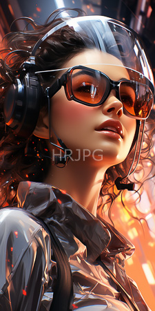 High Resolution: Attractive woman curly brown hair wearing black sunglasses large headphones connected to a microphone headset reflective silver clothing download. | HRJPG.com