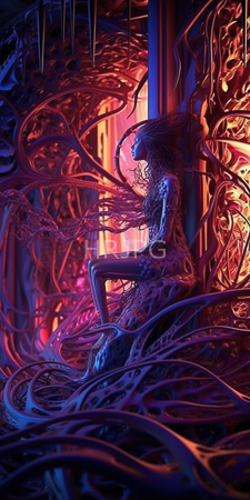 High Resolution: Ethereal skeletal female figure with intricate web-like patterns covering her body and flowing from behind like tendrils of smoke download. | HRJPG.com