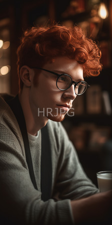 High Resolution: Young white man curly red hair and beard wearing black-rimmed glasses gray sweater seated in dim-lit café holding coffee cup download. | HRJPG.com