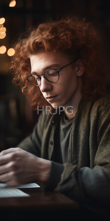 High Resolution: Androgynous young person curly red hair wearing round glasses olive green cardigan over gray shirt sits at a dim-lit table writing download. | HRJPG.com