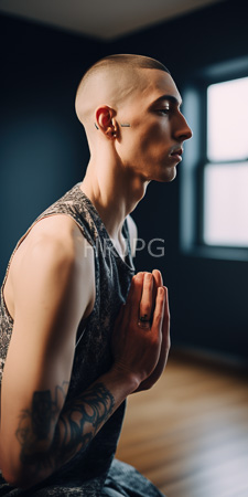 High Resolution: Bald light-skinned man with tattoos on his right arm and ear piercings sleeveless gray patterned shirt sitting cross-legged download. | HRJPG.com