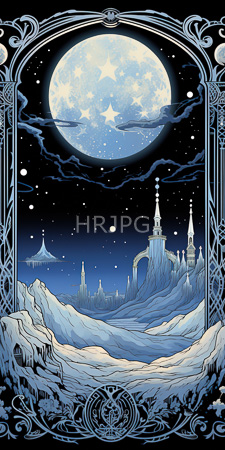 High Resolution: Art Nouveau style moonlit night scene snow-covered mountains fantastical spire-topped buildings under a large full blue-crested white starry sky download. | HRJPG.com
