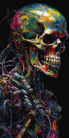 High Resolution: Anthropomorphic skeleton colorful abstract patterns on its skull and mechanical components replacing muscles in place against a black background download. | HRJPG.com