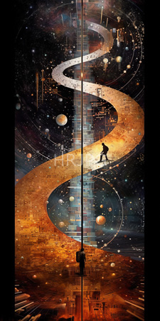 High Resolution: Abstract cosmic scene with swirling golden paths and dark space background filled with stars and planets silhouetted figure stands download. | HRJPG.com