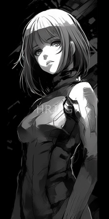 High Resolution: Anime-style black-and-white drawing of a young woman short straight hair and bangs looking slightly to her left download. | HRJPG.com