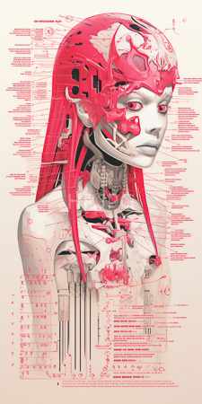 High Resolution: Asian woman with long red hair and exposed mechanical internal structures on her face and torso intricate text overlays download. | HRJPG.com