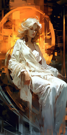 High Resolution: Ethereal blonde woman wavy hair wearing loose white robes and sitting against a glowing orange circular background resembles abstract machinery download. | HRJPG.com