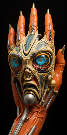 High Resolution: Intricately detailed cybernetic hand wearing a futuristic mask with orange and gold mechanical components large blue eyes download. | HRJPG.com