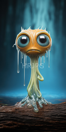 High Resolution: Eerie orange greenish slime-like creature with large black eyes standing on a wooden surface blurred blue background resembles water download. | HRJPG.com