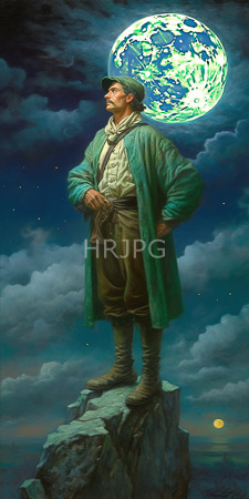 High Resolution: Older man with light skin and brown hair standing confidently on a rocky cliff under a night sky filled with clouds download. | HRJPG.com