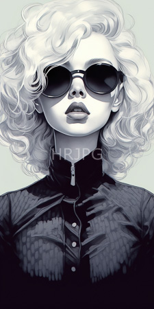 High Resolution: Androgynous person with curly white hair wearing dark sunglasses and black high-collared shirt featuring textured patterns on chest area download. | HRJPG.com