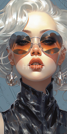 High Resolution: Androgynous person pale skin white curly hair wearing reflective orange-tinted aviator sunglasses that mirror their face's features download. | HRJPG.com