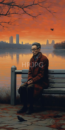 High Resolution: Elderly man with gray hair and glasses wearing a red plaid coat over brown pants sits on a metal bench by a calm lake download. | HRJPG.com