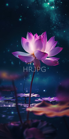 High Resolution: Ethereal pink and purple lotus flower with glowing petals standing in dark blue water surrounded by blurred lily pads download. | HRJPG.com