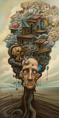 High Resolution: Surreal artwork depicting an eerie tree-like figure with a human skull face at its base intricate wooden houses whimsical objects download. | HRJPG.com