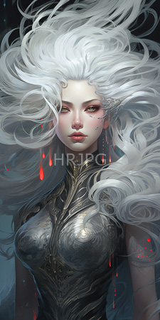 High Resolution: Ethereal pale-skinned woman with voluminous white hair and red tears in her eyes wears ornate black armor highlighting large breasts download. | HRJPG.com
