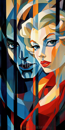 High Resolution: Abstract painting featuring stylized portraits of two individuals one male and one female with geometric patterns in vibrant colors download. | HRJPG.com