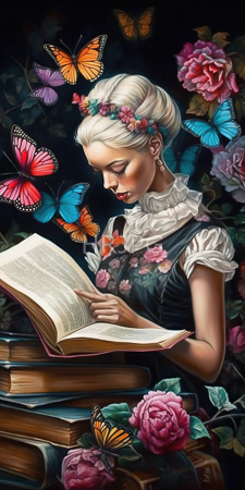 High Resolution: Ethereal fair-skinned woman with white hair in braids and pink flower crown reading from open book atop stacked books download. | HRJPG.com