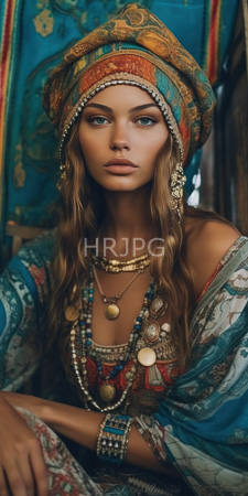 High Resolution: Attractive woman long wavy brown hair blue eyes wearing traditional Middle Eastern attire ornate headwear gold patterns download. | HRJPG.com