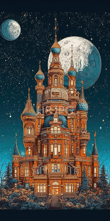 High Resolution: Intricate illustration of a grand ornate Russian-style castle with multiple blue-tiled domes and spires under a starry night sky download. | HRJPG.com