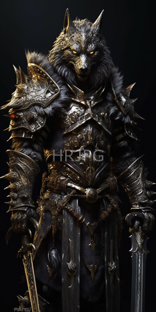 High Resolution: Anthropomorphic wolf warrior with glowing yellow eyes wearing intricately detailed dark metallic armor adorned with spikes and fur trimmings download. | HRJPG.com