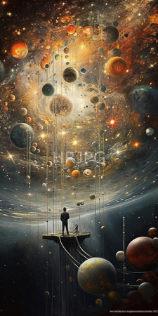 High Resolution: Astronaut standing on a small platform gazing up at a vast galaxy filled with colorful planets and stars hanging in mid-air download. | HRJPG.com