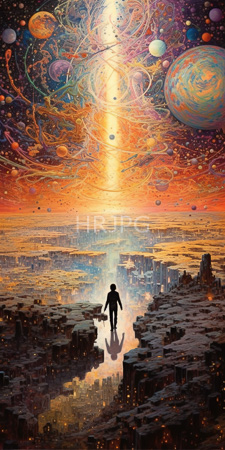 High Resolution: Ethereal sunset over a cityscape with colorful swirling galaxies and planets in vibrant purples oranges blues above download. | HRJPG.com