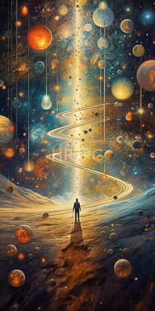 High Resolution: Astronaut standing on sandy terrain gazing up at a vibrant galaxy filled with hanging planets and stars in various sizes download. | HRJPG.com
