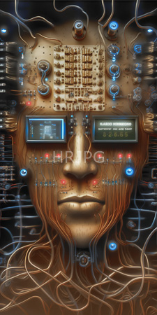 High Resolution: Intricately detailed cybernetic human head with exposed brain and neural interfaces bronze-toned face red glowing eyes peer through two digital screens download. | HRJPG.com