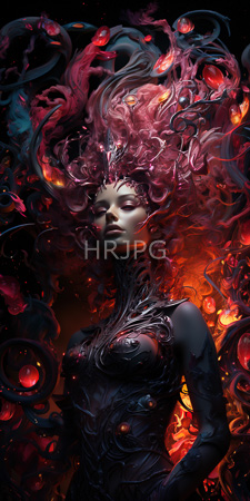 High Resolution: Ethereal dark-skinned woman with intricate black armor and glowing red-orange hair resembling flames or smoke swirling around her head download. | HRJPG.com