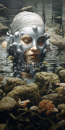 High Resolution: Androgynous person with light skin wearing a silver metallic mask adorned with spherical bumps over their eyes closed eyelids download. | HRJPG.com