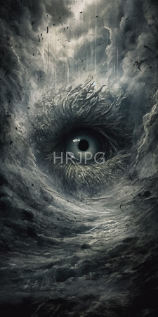 High Resolution: Intense realistic close-up single blue-green eye at its center amidst swirling dark gray black storm clouds with rain streaks download. | HRJPG.com