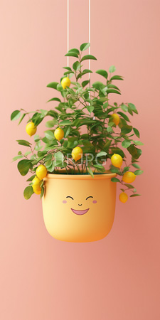 High Resolution: Adorable hanging plant with green leaves and yellow lemons in a pastel-yellow pot featuring cute facial expressions download. | HRJPG.com