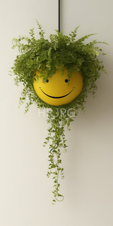 High Resolution: Indoor hanging plant with lush green ferns cascading from a bright yellow circular pot featuring simple black smiley eyes and mouth download. | HRJPG.com