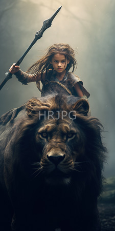 High Resolution: Intense young female warrior long brown hair fierce expression riding atop a large lion in misty forest light holds a spear download. | HRJPG.com