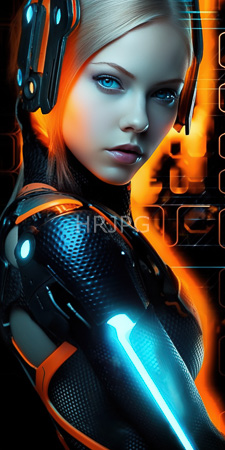 High Resolution: Attractive young woman fair skin blonde hair wearing futuristic black armor adorned in orange accents glowing blue lights download. | HRJPG.com
