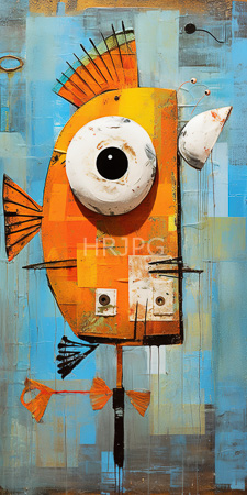 High Resolution: Abstract painting of a whimsical fish-like creature with large white eye and orange body on a blue textured background download. | HRJPG.com