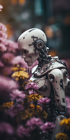 High Resolution: Intricately detailed white and silver humanoid robot with exposed mechanical joints standing among vibrant pink flowers yellow blossoms download. | HRJPG.com