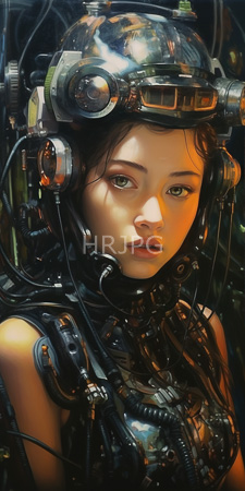 High Resolution: Asian woman fair skin green eyes wearing futuristic cybernetic gear including transparent helmet adorned with goggles over her dark brown hair download. | HRJPG.com