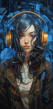 High Resolution: Asian woman long wavy black hair wearing golden headphones brown leather jacket over white shirt fair skin soft pink lips download. | HRJPG.com