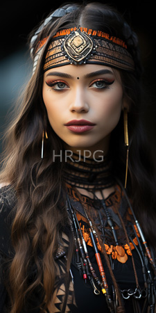 High Resolution: Attractive young woman long wavy brown hair light olive skin wearing intricate black lace headgear adorned with orange patterns download. | HRJPG.com
