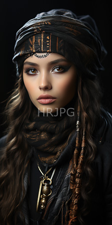 High Resolution: Asian woman long wavy brown hair light olive skin wearing dark clothing layered scarves and headwear resembling pirate attire download. | HRJPG.com