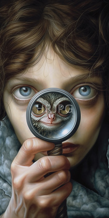 High Resolution: Intense-eyed young woman curly brown hair holding up a magnifying glass revealing her own face inside it wears gray textured clothing download. | HRJPG.com